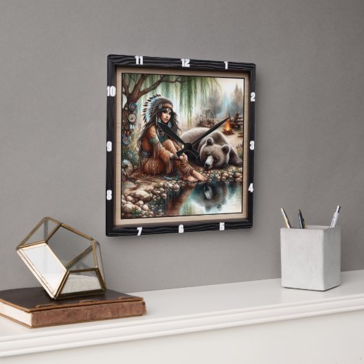 先住民インディアンウーマンベアースピリット スクエア壁時計 (オフィス)