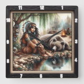 先住民インディアンウーマンベアースピリット スクエア壁時計 (正面)