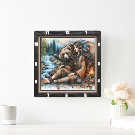 先住民インディアンウーマンベアーファイア スクエア壁時計 (ホーム)