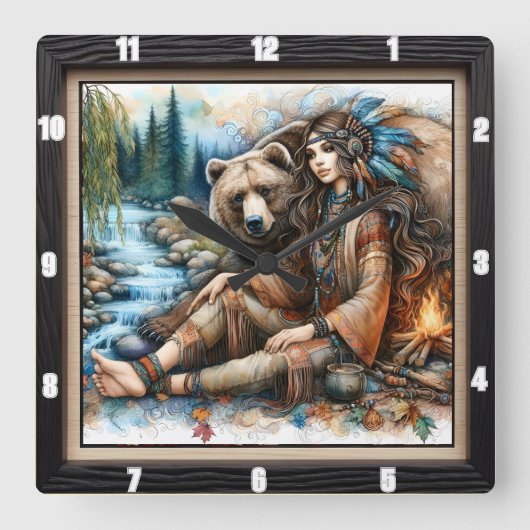 先住民インディアンウーマンベアーファイア スクエア壁時計 (正面)