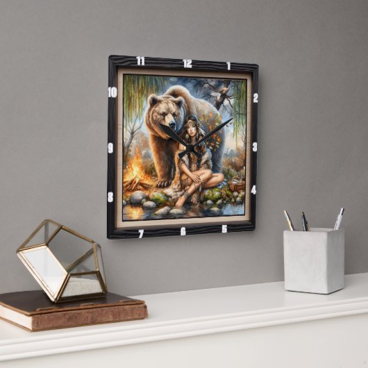 先住民インディアンウーマンベアーワイルド スクエア壁時計 (オフィス)