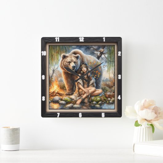 先住民インディアンウーマンベアーワイルド スクエア壁時計 (ホーム)