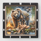 先住民インディアンウーマンベアーワイルド スクエア壁時計 (正面)