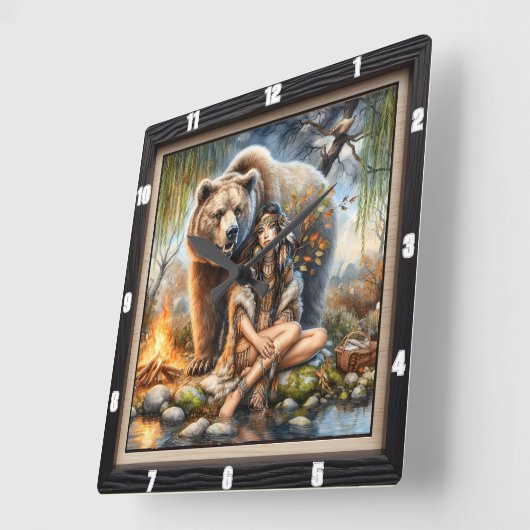 先住民インディアンウーマンベアーワイルド スクエア壁時計 (傾斜)