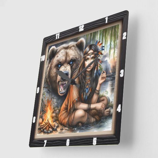 先住民インディアンガールベアウィローツリー スクエア壁時計 (傾斜)