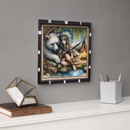 先住民インディアンガールベア自然 スクエア壁時計 (オフィス)