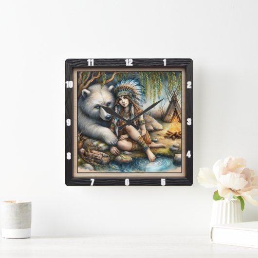 先住民インディアンガールベア自然 スクエア壁時計 (ホーム)