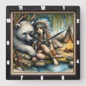 先住民インディアンガールベア自然 スクエア壁時計 (正面)