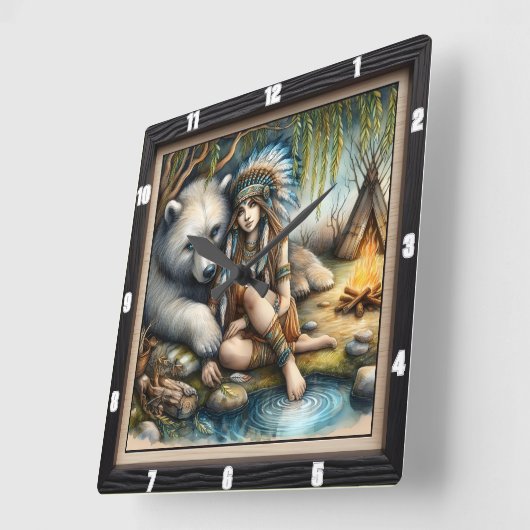 先住民インディアンガールベア自然 スクエア壁時計 (傾斜)