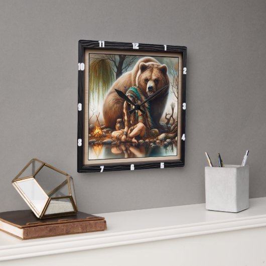 先住民インディアンガールベア調和 スクエア壁時計 (オフィス)