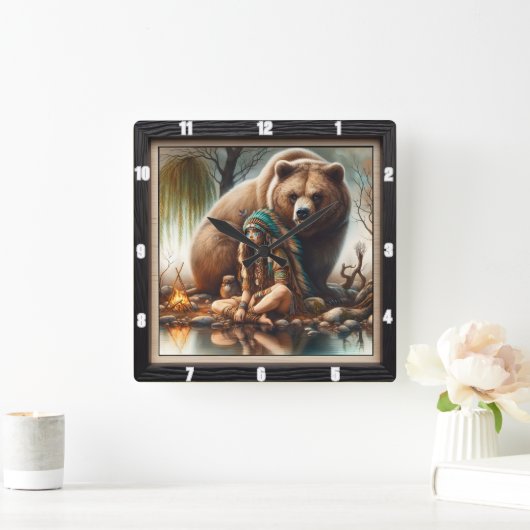 先住民インディアンガールベア調和 スクエア壁時計 (ホーム)
