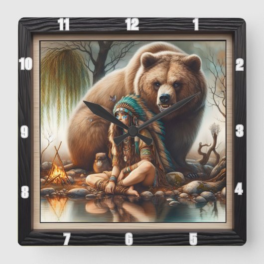 先住民インディアンガールベア調和 スクエア壁時計 (正面)