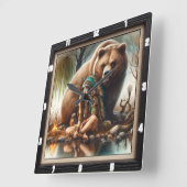 先住民インディアンガールベア調和 スクエア壁時計 (傾斜)