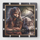 先住民インディアンサンクチュアリ:ウルフズウォッチ スクエア壁時計 (正面)