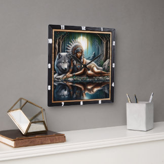 先住民インディアンサンクチュアリ：ウルフズウォッチ スクエア壁時計