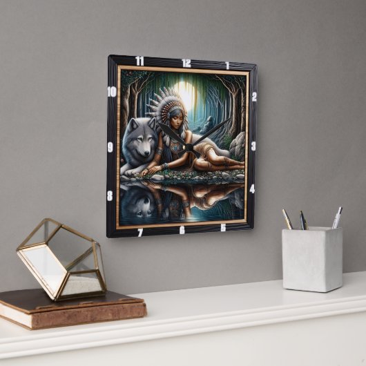 先住民インディアンサンクチュアリ:ウルフズウォッチ スクエア壁時計 (オフィス)