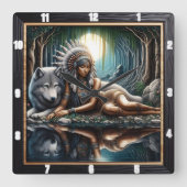 先住民インディアンサンクチュアリ:ウルフズウォッチ スクエア壁時計 (正面)