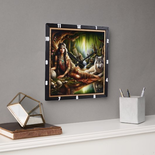 先住民インディアンスピリット時間:キャンプファイアの輝き スクエア壁時計 (オフィス)