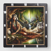 先住民インディアンスピリット時間:キャンプファイアの輝き スクエア壁時計 (正面)