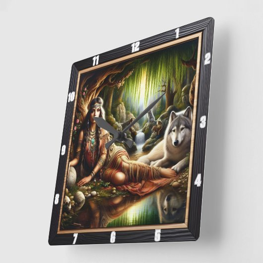 先住民インディアンスピリット時間:キャンプファイアの輝き スクエア壁時計 (傾斜)