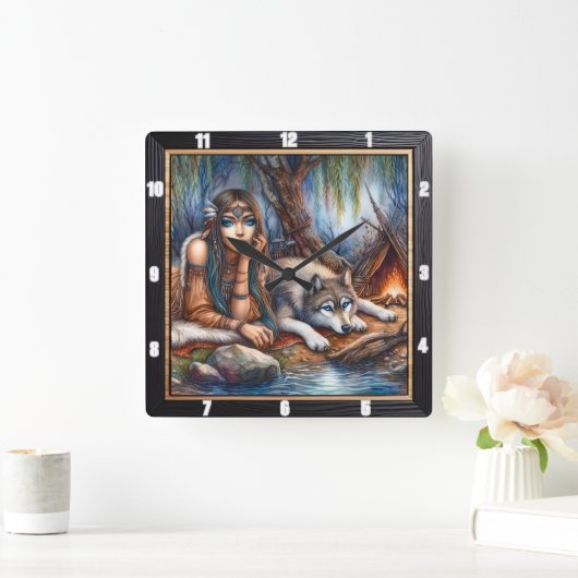先住民インディアンタイムキーパー:ウルフアンドメイディズグレード スクエア壁時計 (ホーム)