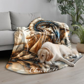 先住民インディアン女性とオオカミの穏やかな水 フリースブランケット