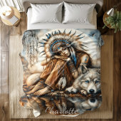 先住民インディアン女性とオオカミの穏やかな水 フリースブランケット