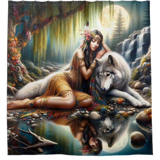 先住民インディアン女性とオオカミの調和 シャワーカーテン (正面)