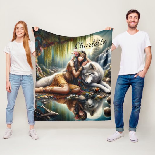 先住民インディアン女性とオオカミの調和 フリースブランケット (インサイチュ)