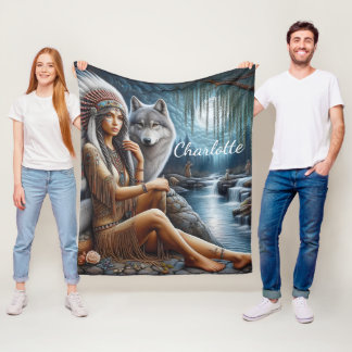 先住民インディアン女性とオオカミの静かな川 フリースブランケット