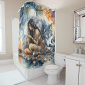 先住民インディアン女性の工芸品by川で夕暮れ シャワーカーテン (インサイチュ)