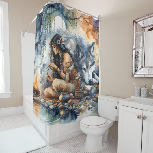 先住民インディアン女性の工芸品by川で夕暮れ シャワーカーテン (インサイチュ)