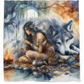 先住民インディアン女性の工芸品by川で夕暮れ シャワーカーテン (正面)