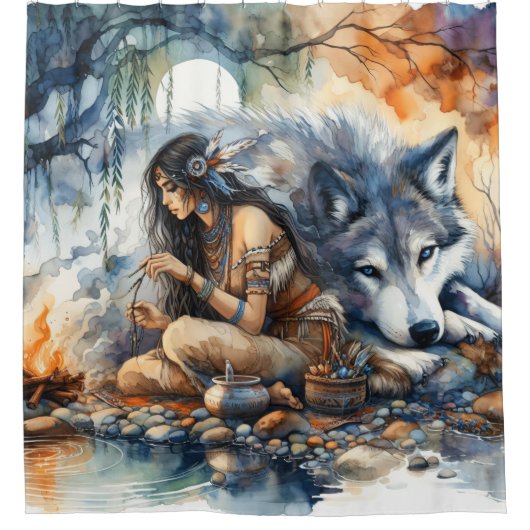 先住民インディアン女性の工芸品by川で夕暮れ シャワーカーテン (正面)