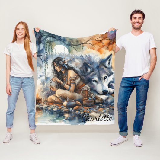 先住民インディアン女性の工芸品by川で夕暮れ フリースブランケット (インサイチュ)