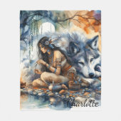 先住民インディアン女性の工芸品by川で夕暮れ フリースブランケット (正面)