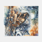 先住民インディアン女性の工芸品by川で夕暮れ フリースブランケット (正面(横))