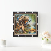 先住民インディアン女性ベアタイムレス スクエア壁時計 (ホーム)