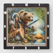 先住民インディアン女性ベアタイムレス スクエア壁時計 (正面)