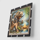 先住民インディアン女性ベアタイムレス スクエア壁時計 (傾斜)