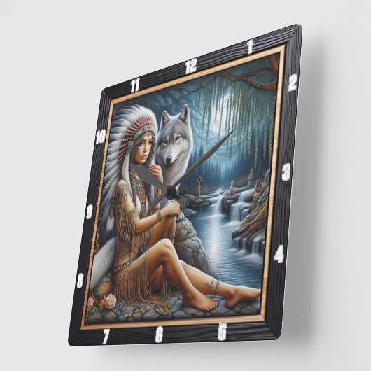 先住民インディアン河川時間:プロテクターの視線 スクエア壁時計 (傾斜)