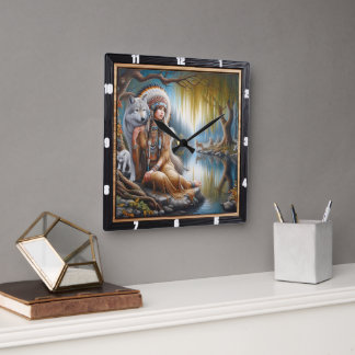 先住民インディアン調和: Firelight's Embrace スクエア壁時計