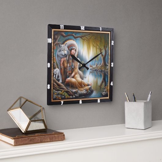 先住民インディアン調和: Firelight's Embrace スクエア壁時計 (オフィス)