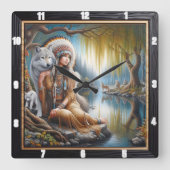 先住民インディアン調和: Firelight's Embrace スクエア壁時計 (正面)