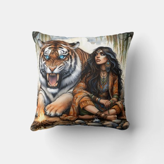 先住民ウーマンバイキャンプファイアウィズタイガー クッション (裏面)