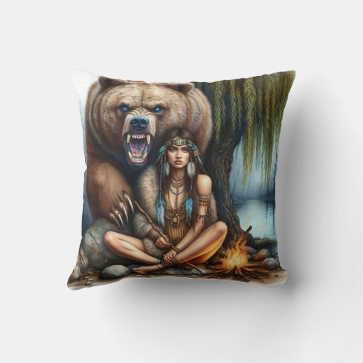 先住民ウーマンバイキャンプファイアウィズベア クッション (裏面)