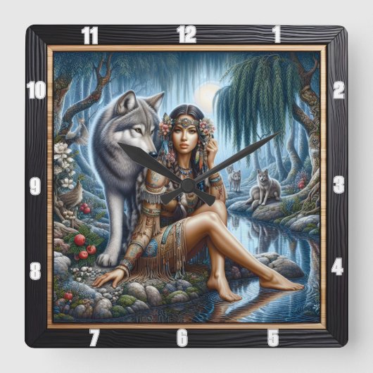 先住民エコー:ファイアダンスナイトドリーム スクエア壁時計 (正面)