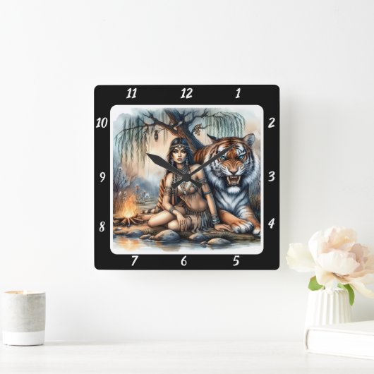 先住民エッセンス:森のハートタイガーの恵み スクエア壁時計 (ホーム)