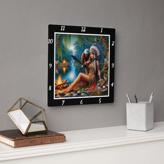 先住民シャドウ:イーグルのウィングスターのグロー スクエア壁時計 (オフィス)