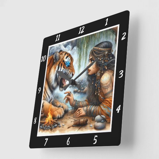 先住民スピリッツ:タイガーのハート石のエコー スクエア壁時計 (傾斜)